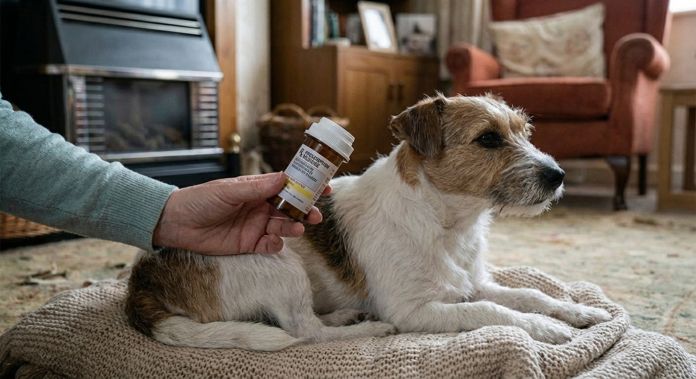 A close-up of a hand holding a human medicine bottle near a dog, with the dog looking away