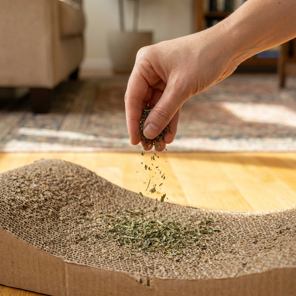A close-up of a hand sprinkling catnip onto a cardboard scratcher