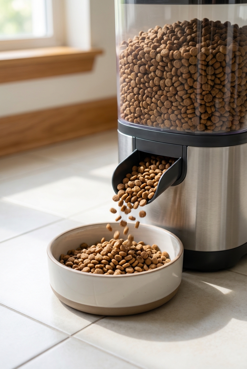 A close-up of an automatic pet feeder dispensing dry food onto a clean kitchen floor