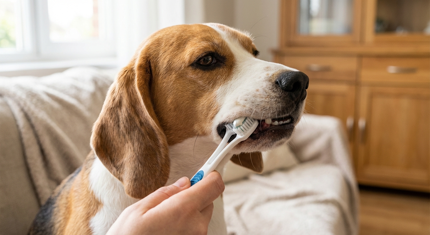 A close-up photo of a Beagle being gently brushed with a dog toothbrush at home