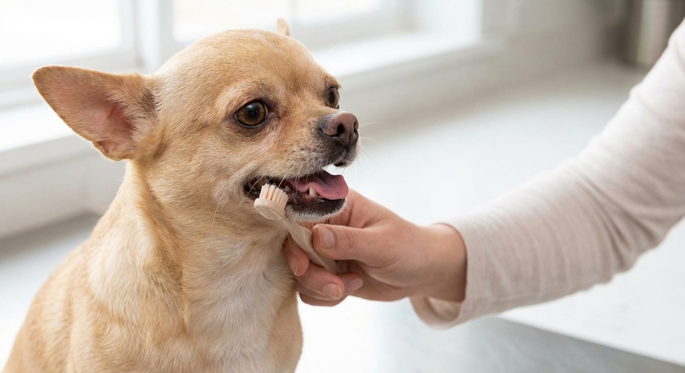 A close-up photo of a Chihuahua having its teeth gently brushed with a small dog toothbrush