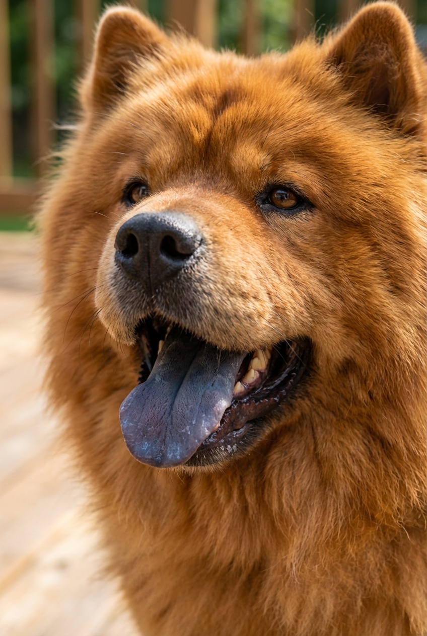 A close-up photo of a Chow Chow panting with a dark blue-black tongue visible