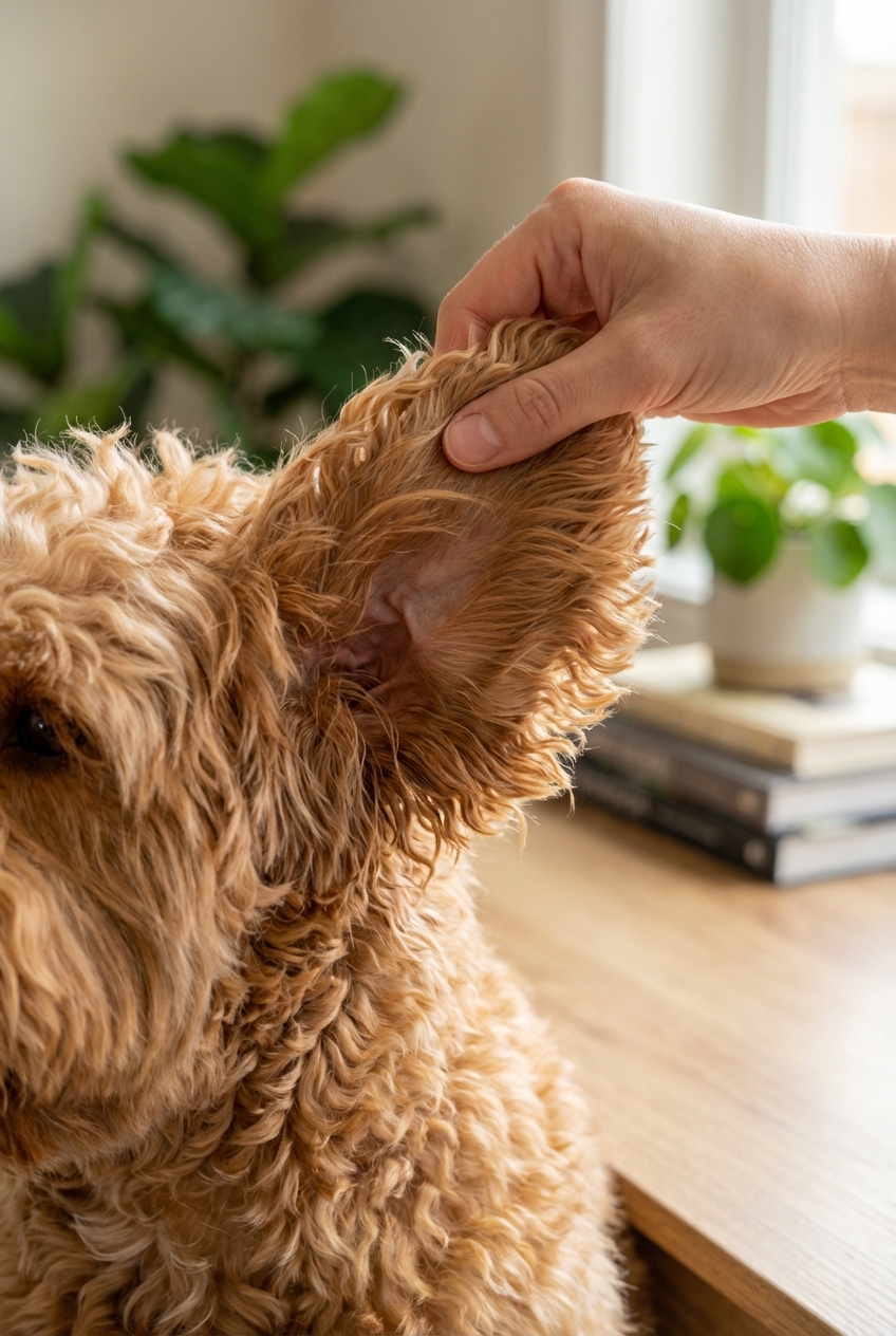 A close-up photo of a Cockapoo’s ear area while a hand gently separates hair to check for tangles