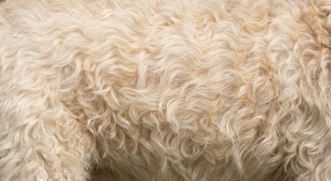 A close-up photo of a Cockapoo’s wavy fleece coat showing texture and curl pattern