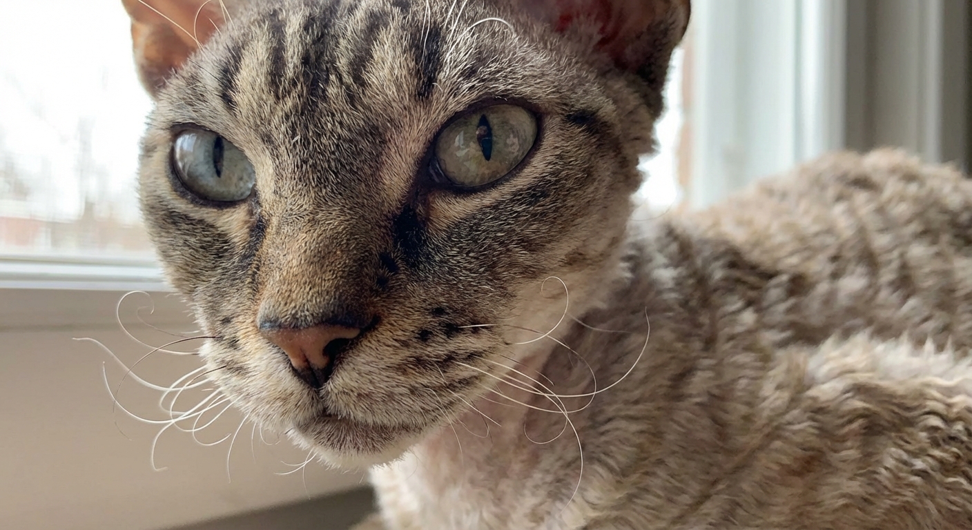 A close-up photo of a Devon Rex cat showing its curly whiskers and textured coat