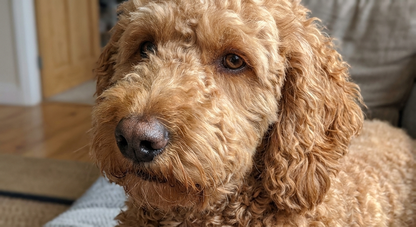 A close up photo of a Double Doodle’s curly apricot coat and face, showing tight curls around the ears and muzzle, soft natural lighting, photorealistic