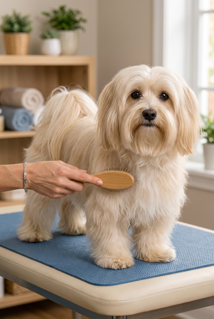 A close-up photo of a Havanese being gently brushed on a grooming table in a calm indoor setting