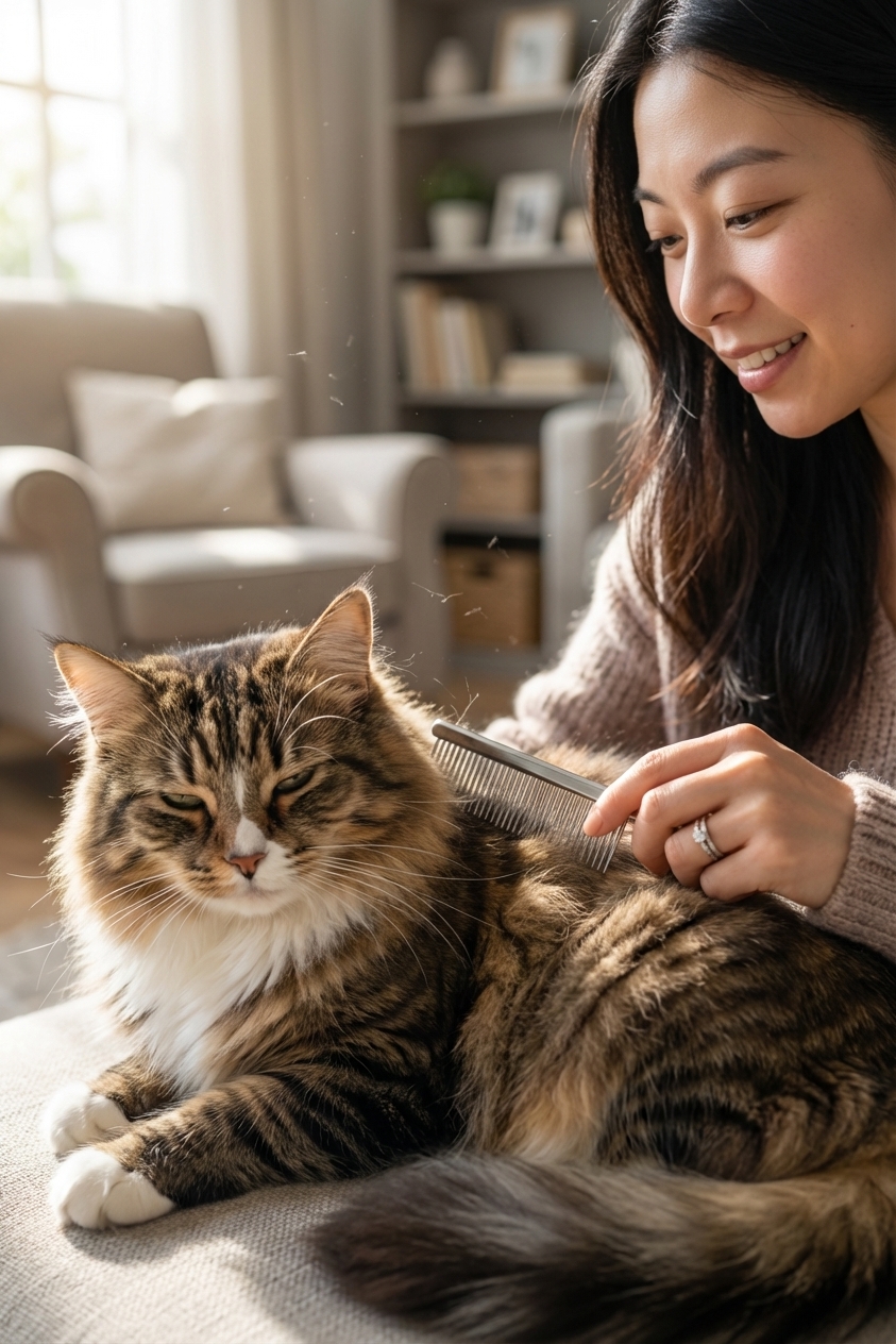 A close-up photo of a Norwegian Forest Cat being gently brushed with a comb in a calm indoor setting