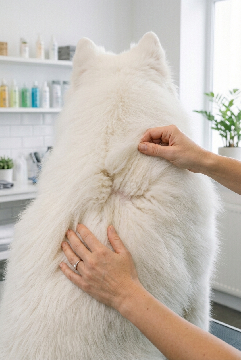 A close-up photo of a Samoyed’s thick coat being parted by fingers to show the dense undercoat near the skin