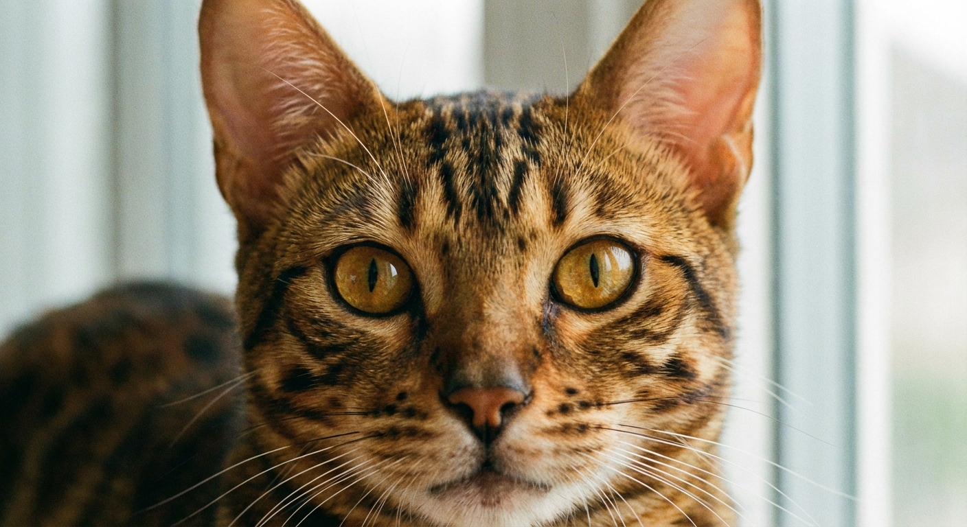 A close-up photo of a Toyger cat’s face showing rounded ears, bright eyes, and detailed striped markings