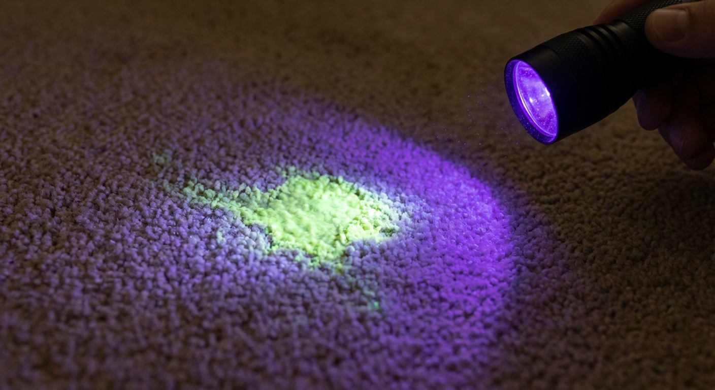 A close-up photo of a blacklight shining on a carpet showing a glowing urine stain