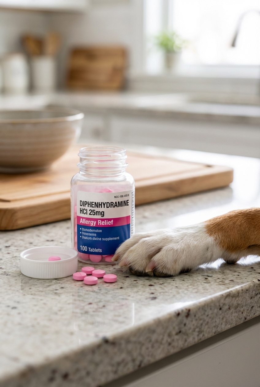 A close-up photo of a bottle of diphenhydramine tablets on a kitchen counter with a dog’s paw visible nearby
