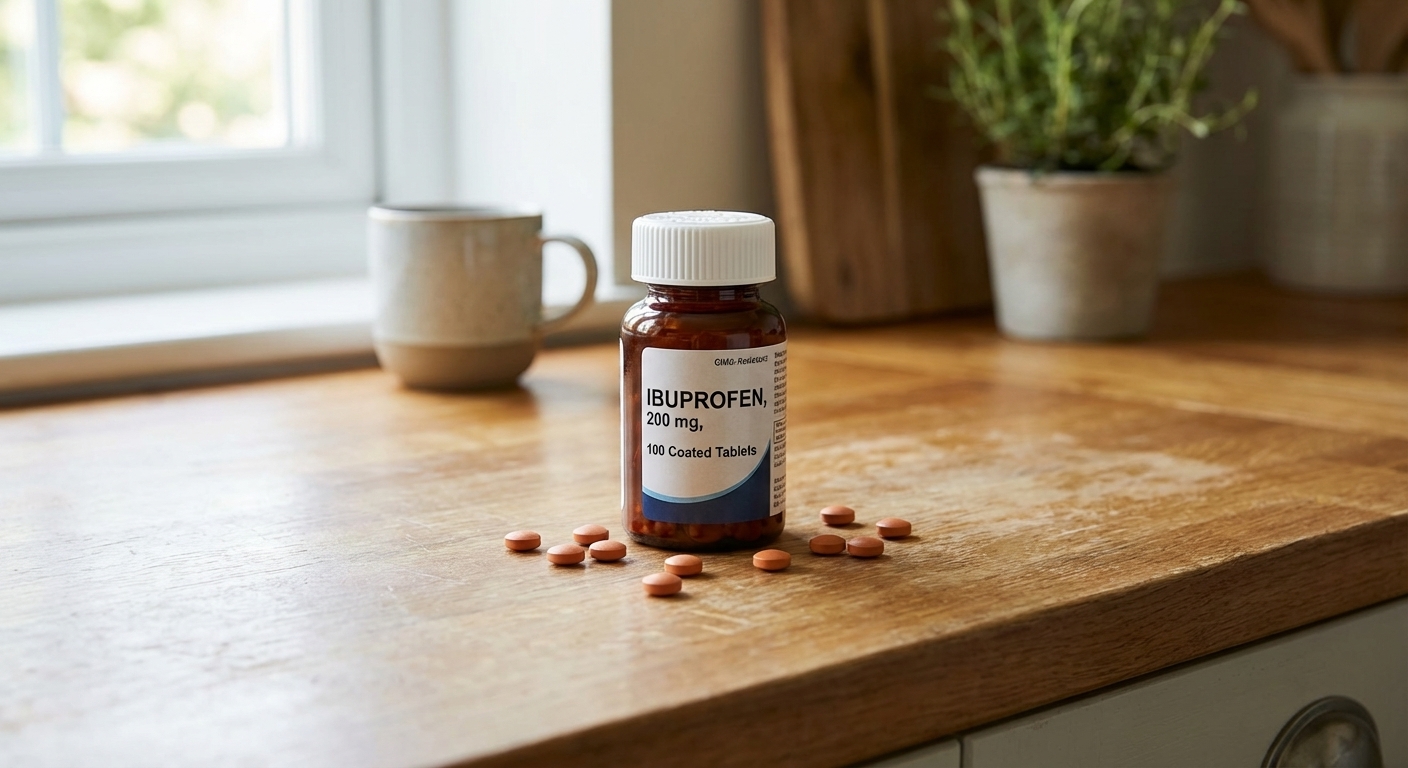 A close-up photo of a bottle of ibuprofen and scattered tablets on a kitchen counter with soft natural light, realistic household photo