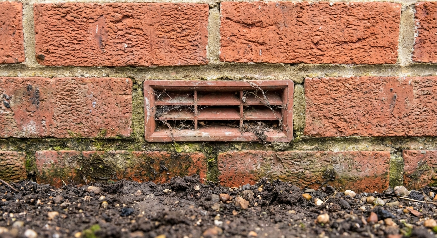 A close-up photo of a brick wall weep hole near ground level