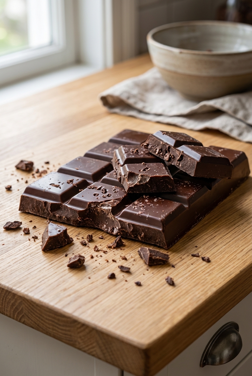 A close-up photo of a broken dark chocolate bar on a kitchen counter