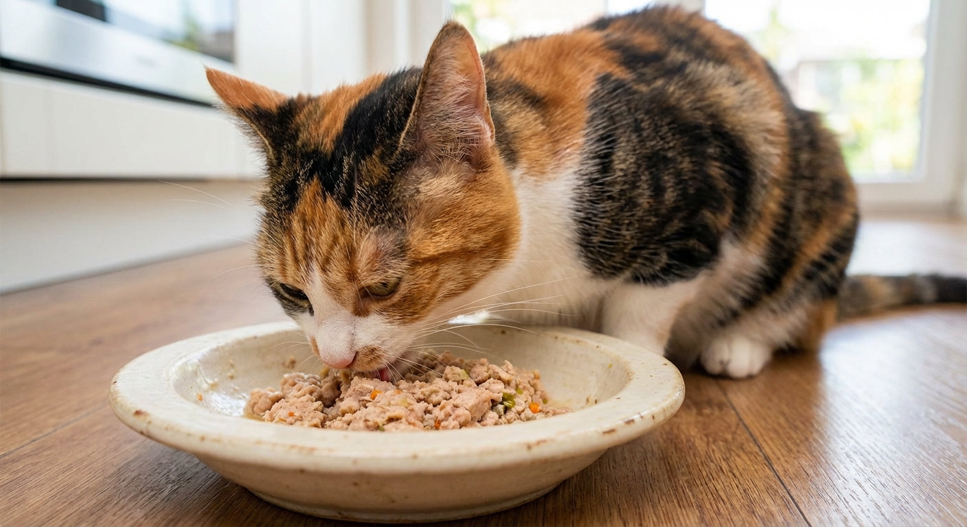 A close-up photo of a calico cat eating moist homemade ground chicken mixture from a ceramic bowl