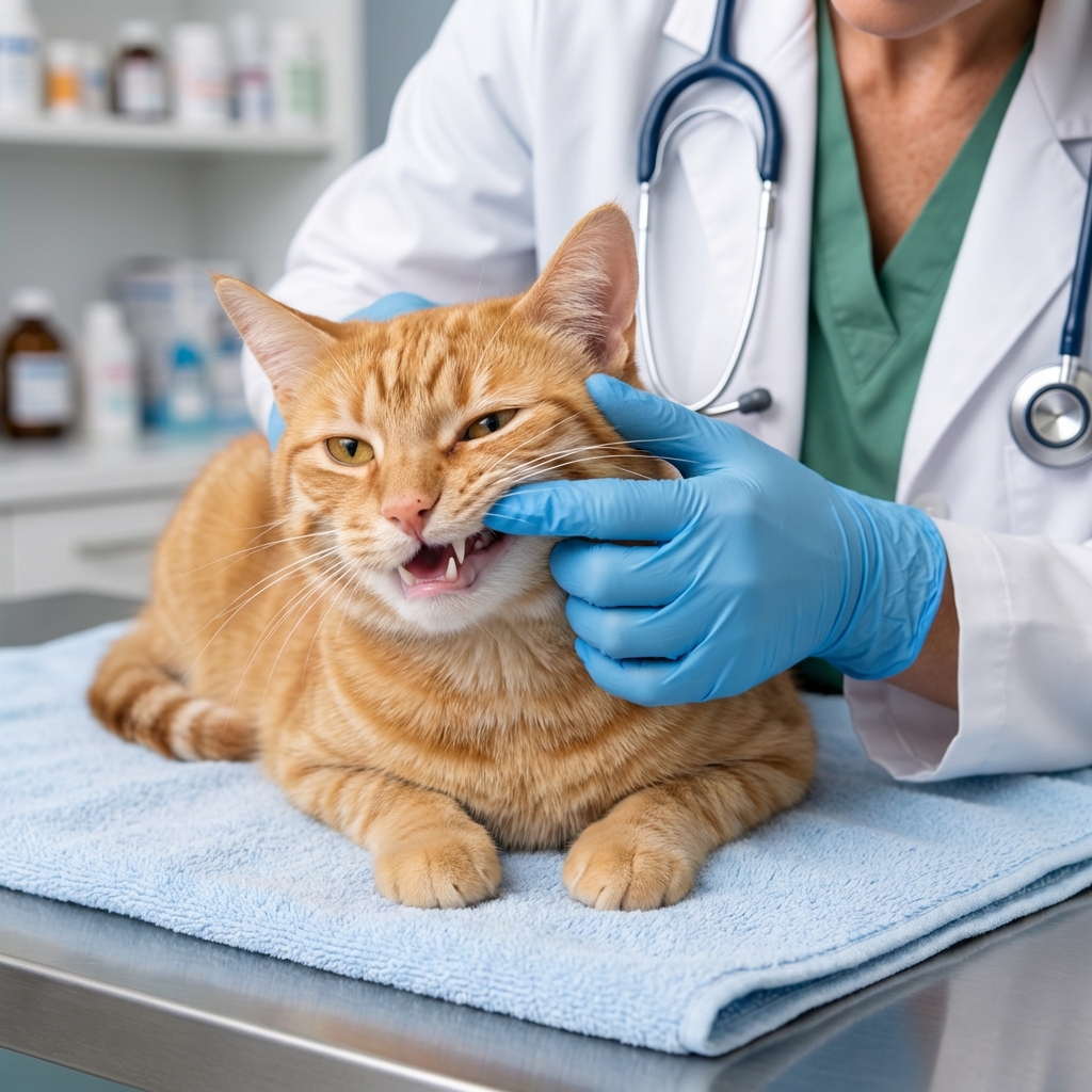 A close-up photo of a calm adult cat lying on a towel while a veterinarian gently lifts the lip to check the teeth