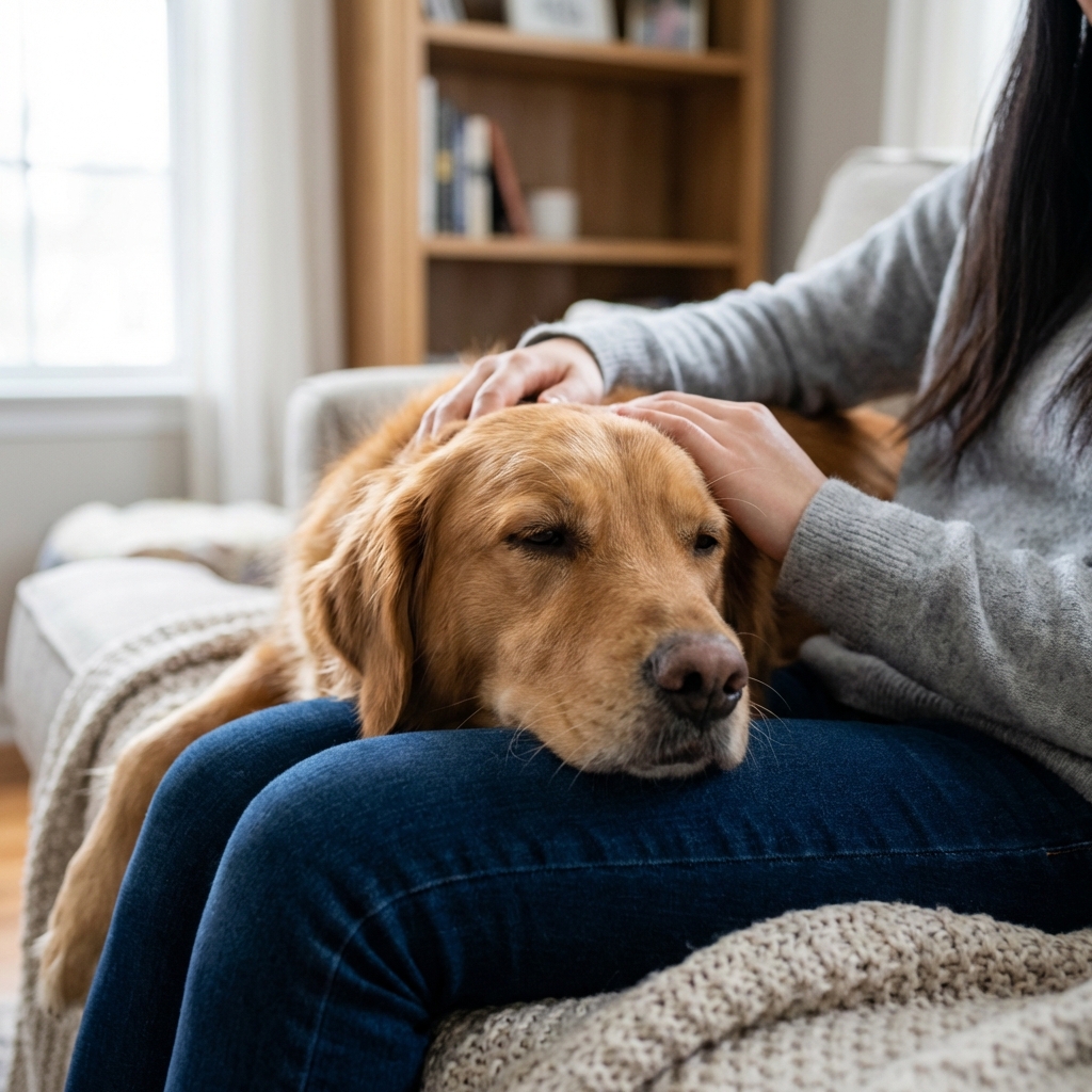 A close-up photo of a calm female dog resting her head on a person’s lap
