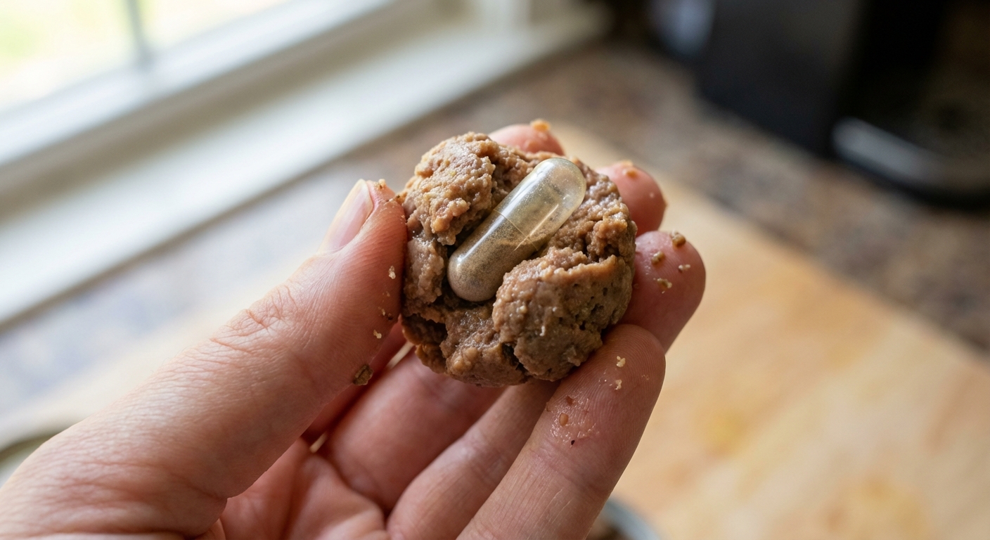 A close-up photo of a capsule tucked into a small ball of canned dog food held in a hand