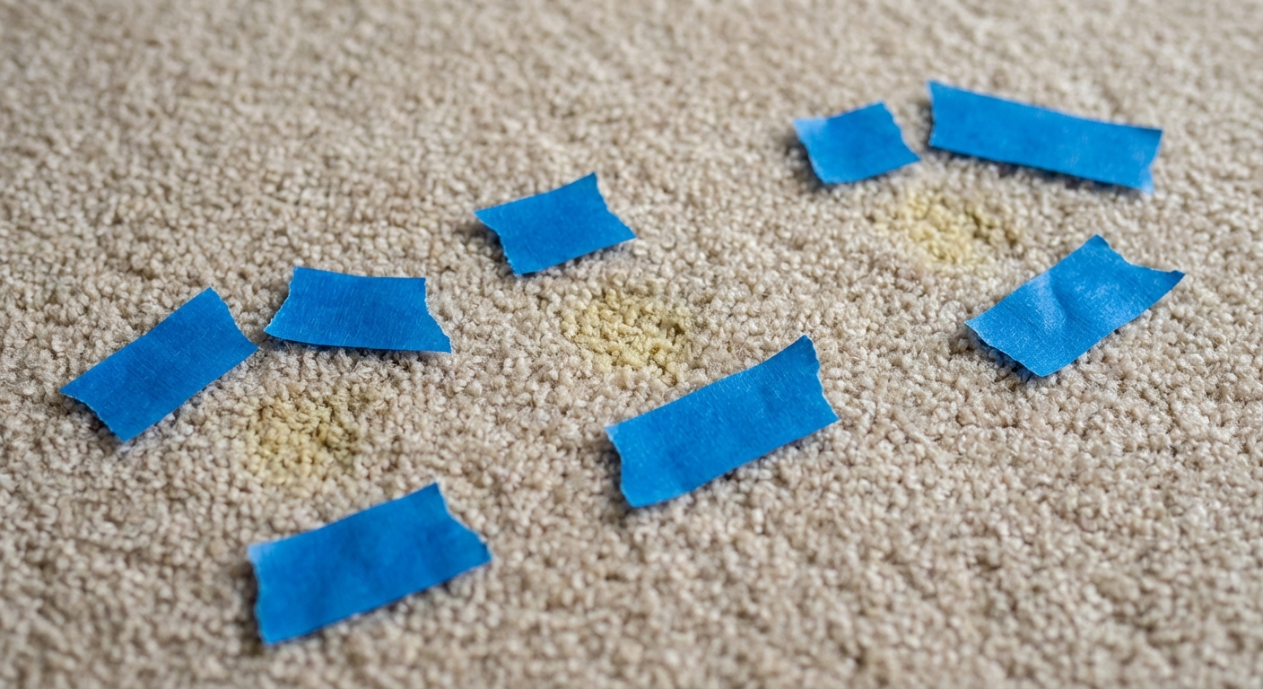 A close-up photo of a carpet with small pieces of painter’s tape marking suspected urine spots