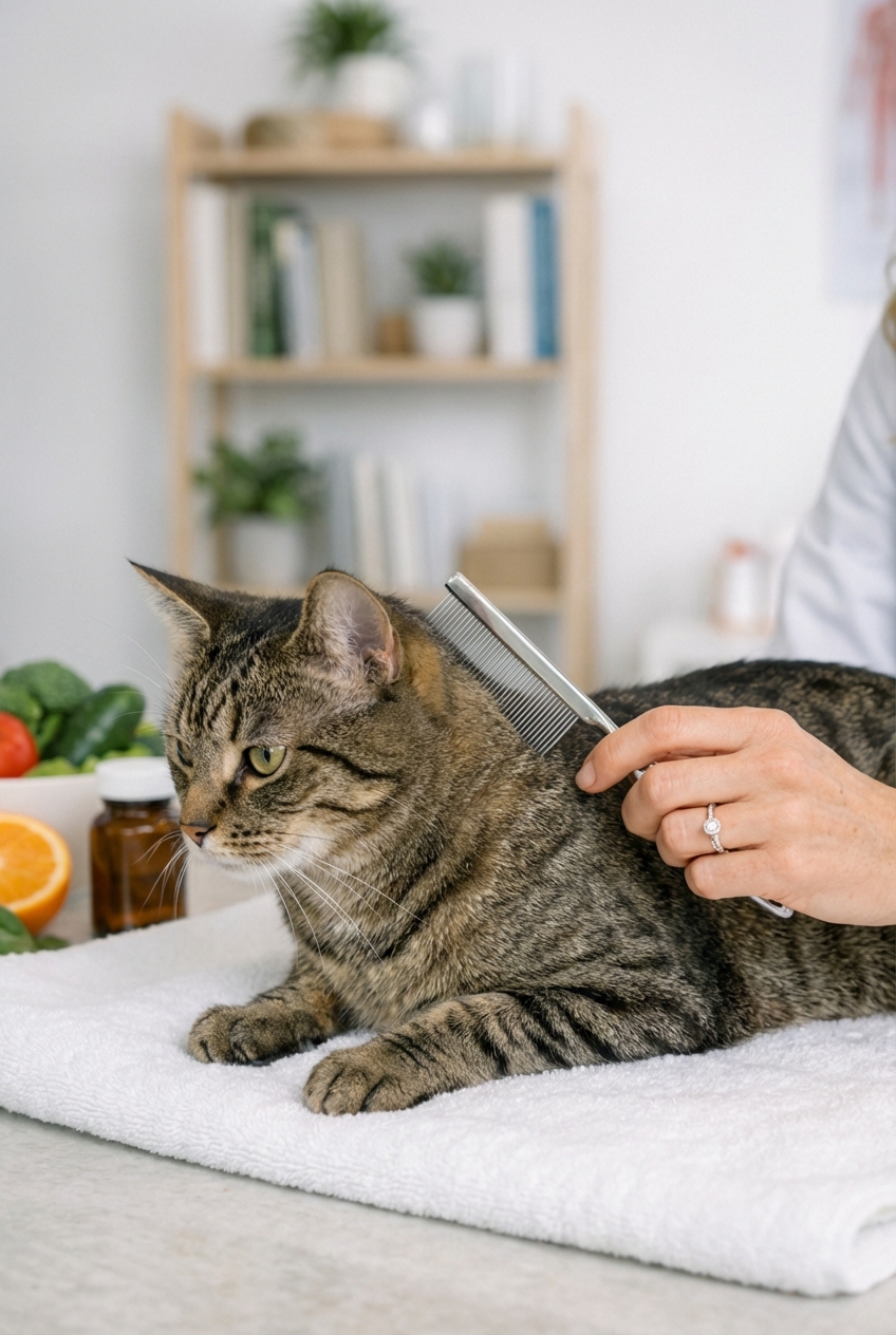 A close-up photo of a cat being gently combed with a flea comb on a white towel