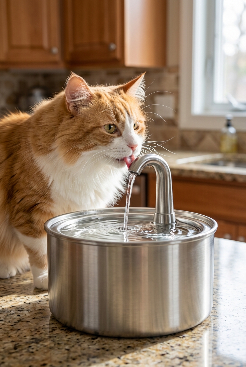 A close-up photo of a cat drinking from a stainless steel water fountain in a kitchen