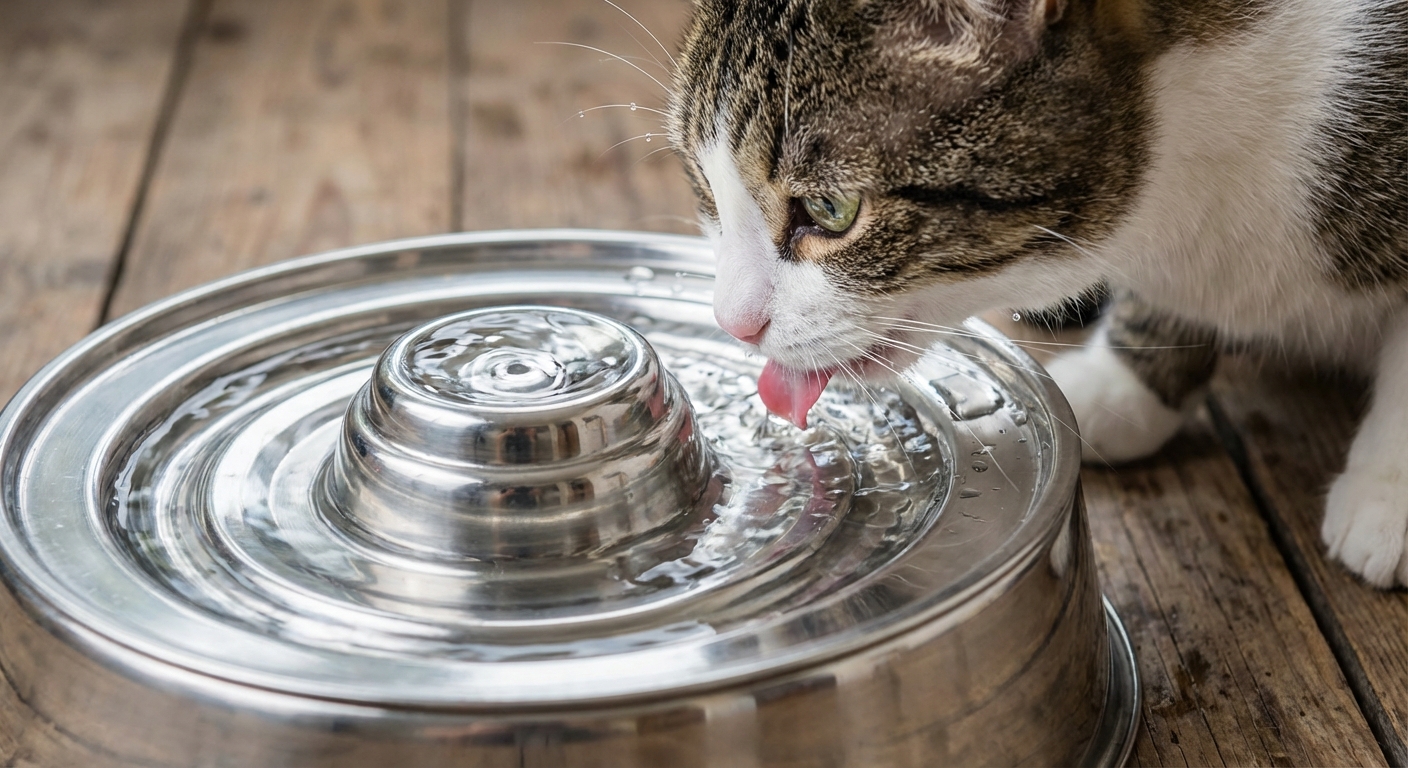 A close-up photo of a cat drinking from a stainless steel water fountain