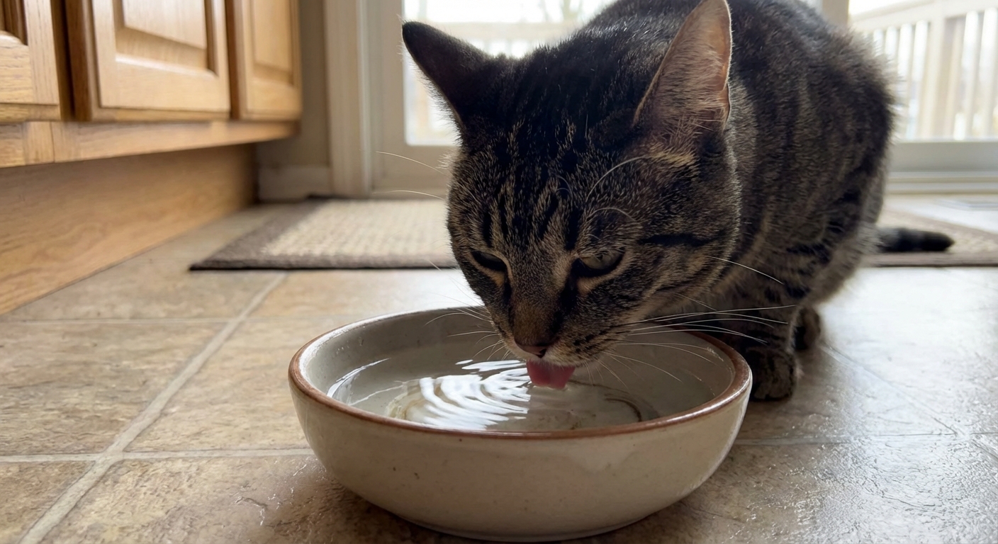 A close-up photo of a cat drinking water from a bowl on a kitchen floor