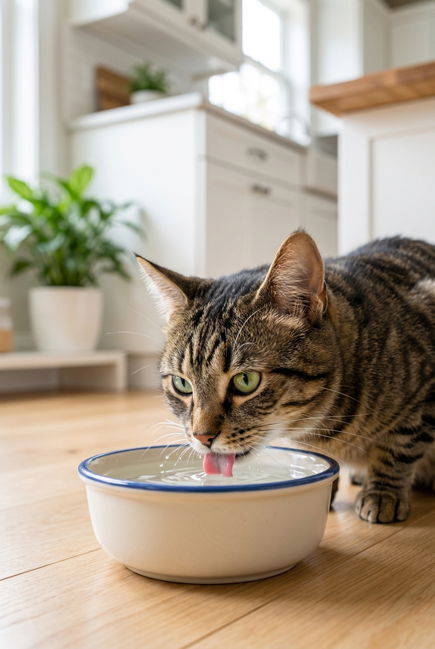 A close-up photo of a cat drinking water from a ceramic bowl in a kitchen