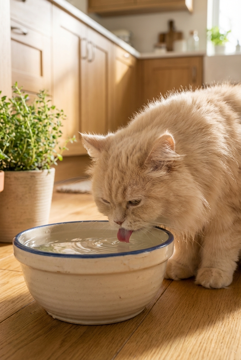 A close-up photo of a cat drinking water from a ceramic bowl in a kitchen