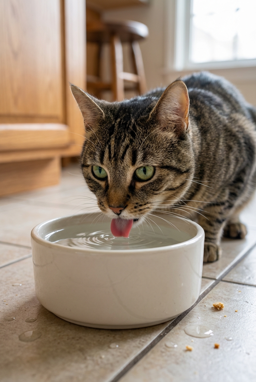 A close-up photo of a cat drinking water from a simple ceramic bowl on a kitchen floor