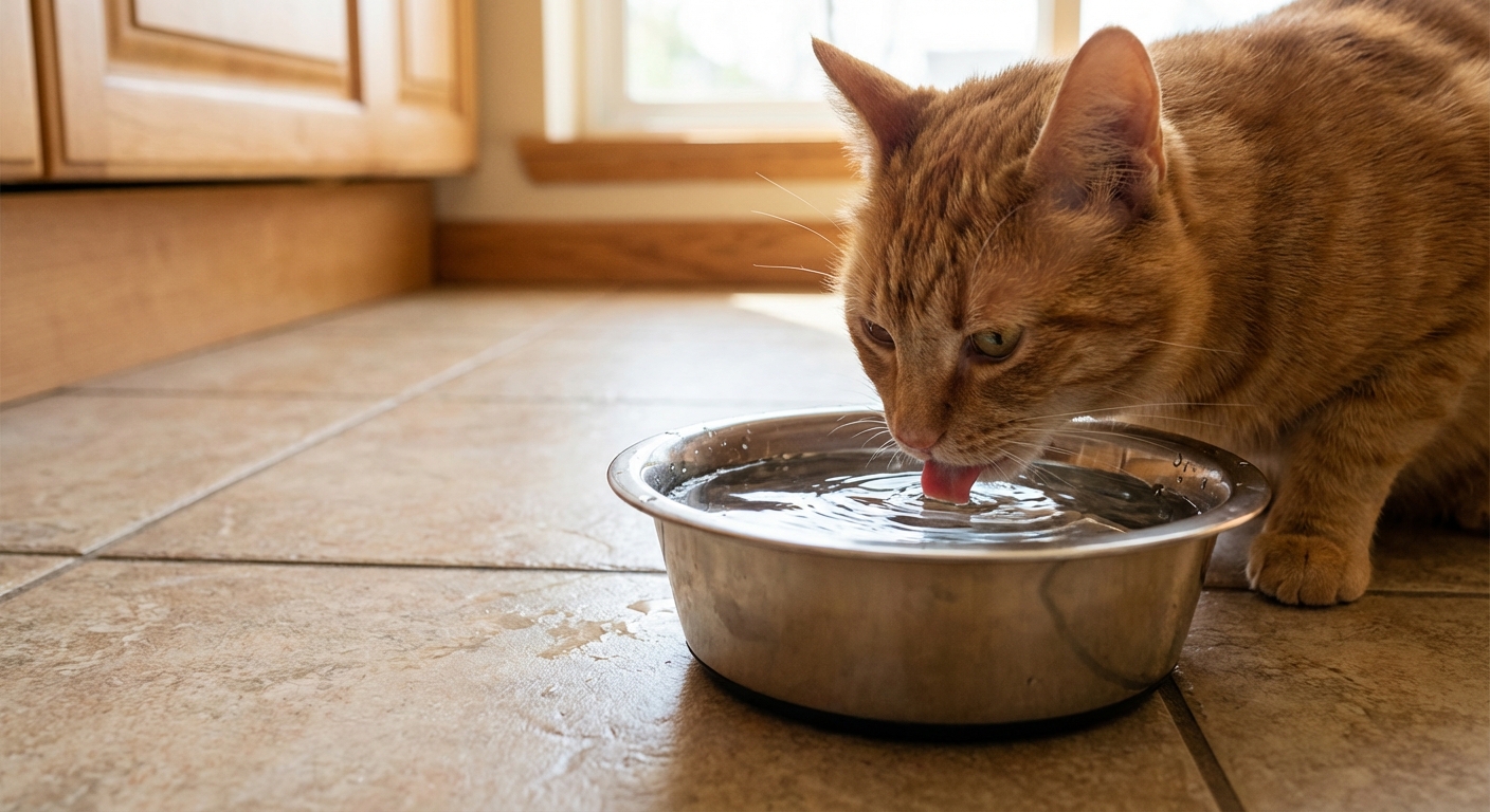 A close-up photo of a cat drinking water from a stainless steel bowl on a kitchen floor