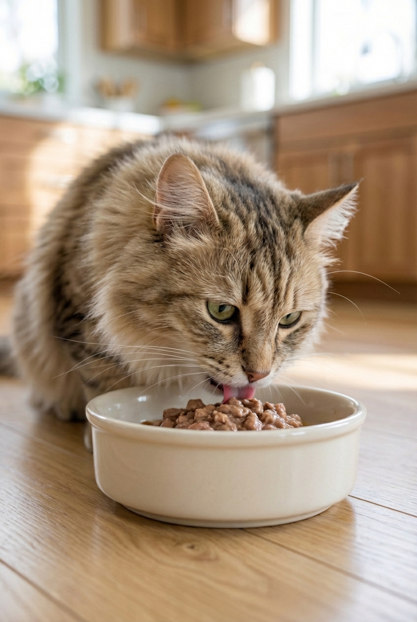 A close-up photo of a cat eating a small portion of wet food from a ceramic bowl