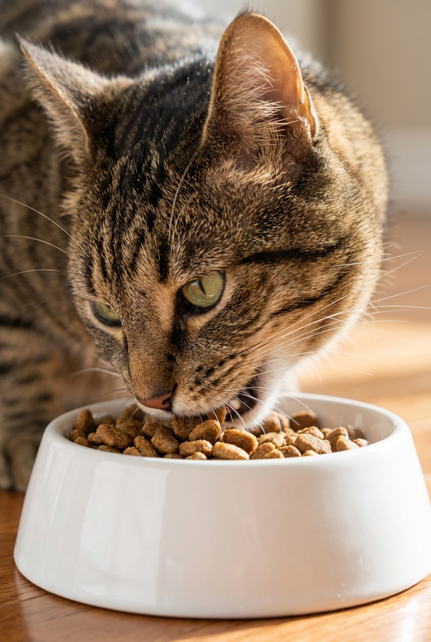 A close-up photo of a cat eating dry kibble from a bowl