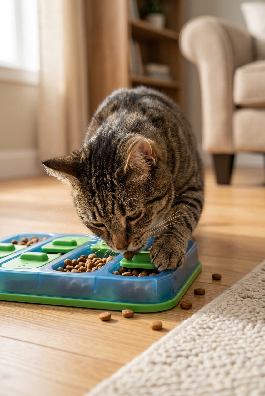 A close-up photo of a cat eating dry kibble from a puzzle feeder on a living room floor