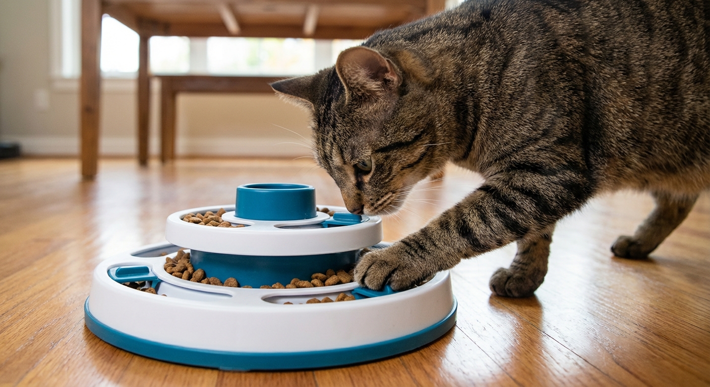 A close-up photo of a cat eating from a puzzle feeder on a hardwood floor