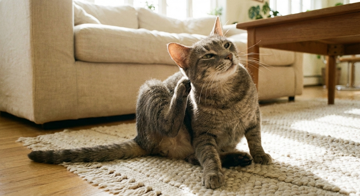 A close-up photo of a cat gently scratching near its ear while sitting on a rug