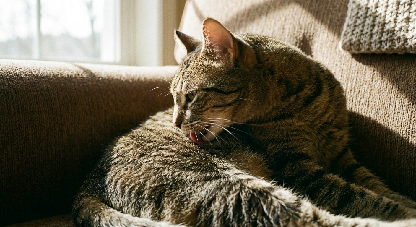 A close-up photo of a cat grooming its flank while lying on a couch