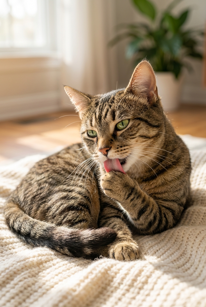 A close-up photo of a cat grooming its foreleg with its tongue in a calm indoor setting