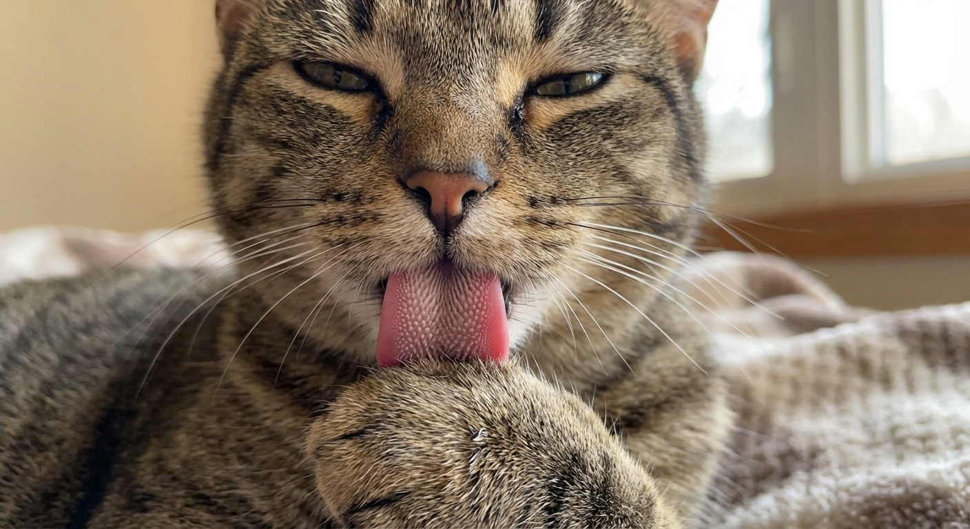 A close-up photo of a cat grooming with its tongue visible