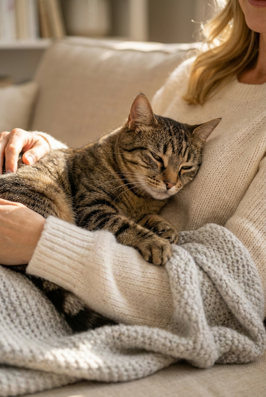 A close-up photo of a cat kneading a blanket while resting on a person's torso