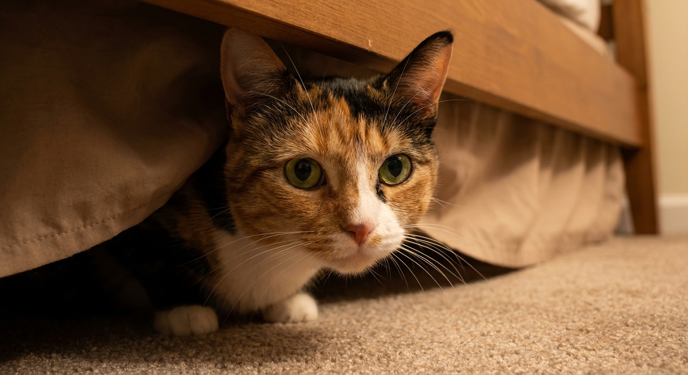 A close-up photo of a cat looking out from under a bed in a dim bedroom