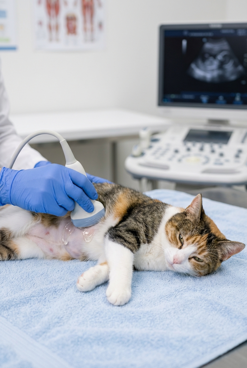 A close-up photo of a cat lying calmly on a towel while an ultrasound probe is placed on its belly