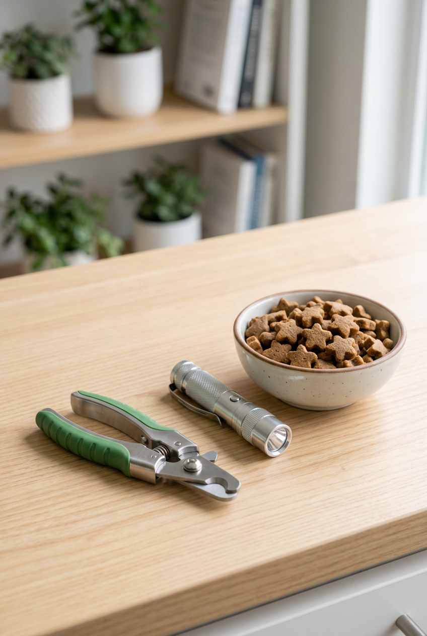 A close-up photo of a cat nail trimmer and a small flashlight placed on a countertop next to cat treats