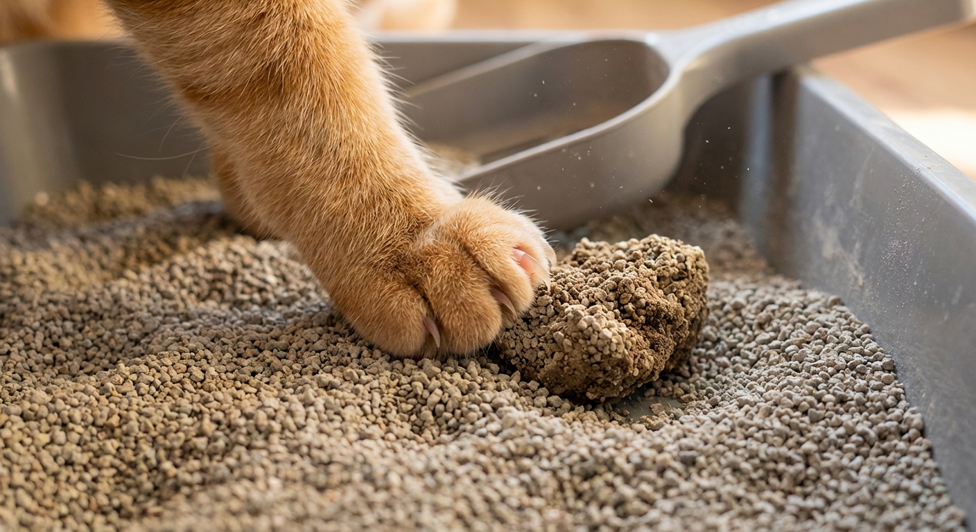 A close-up photo of a cat paw next to clumping litter in a litter box