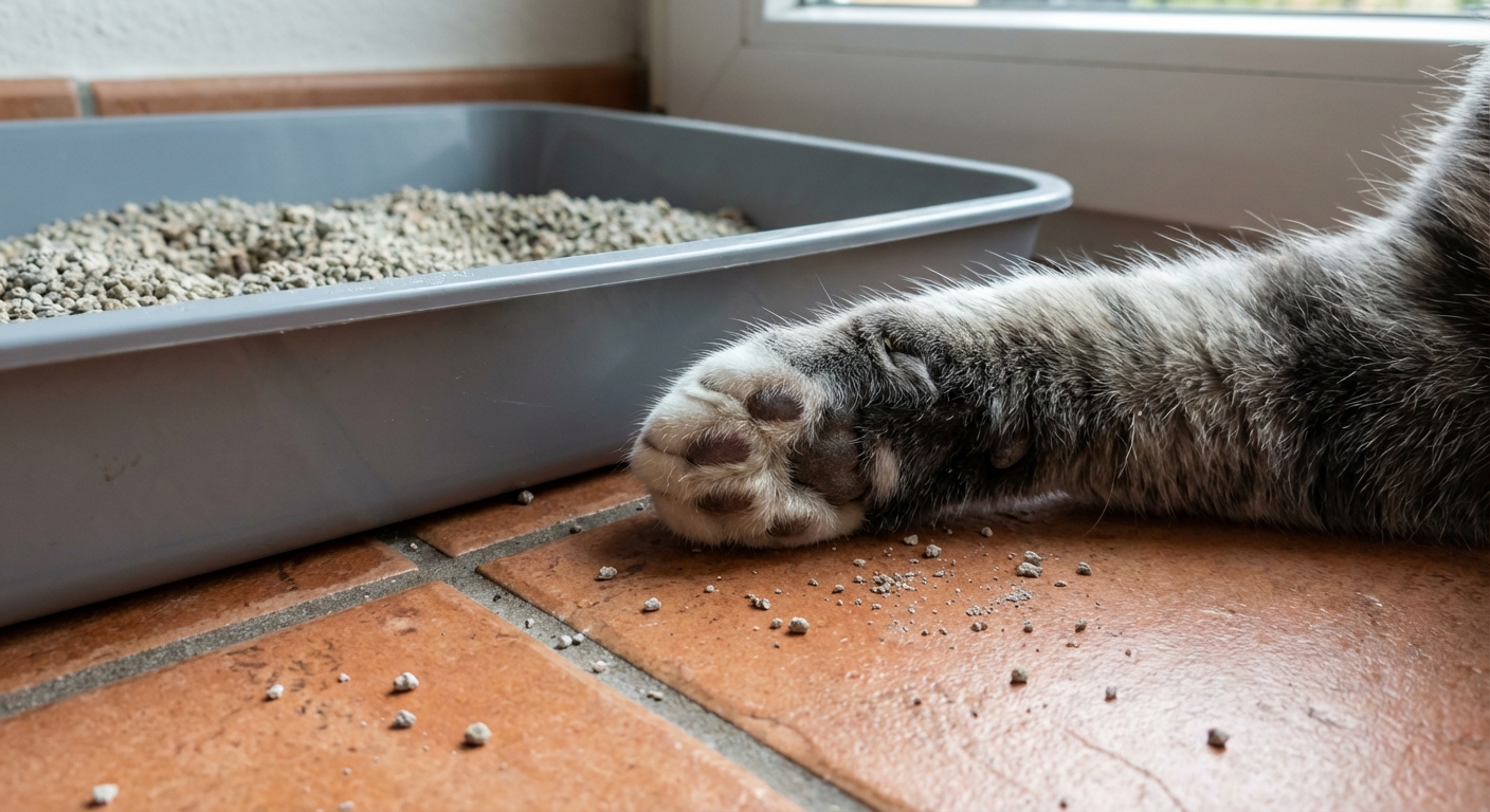 A close-up photo of a cat paw on a tile floor beside a litter box