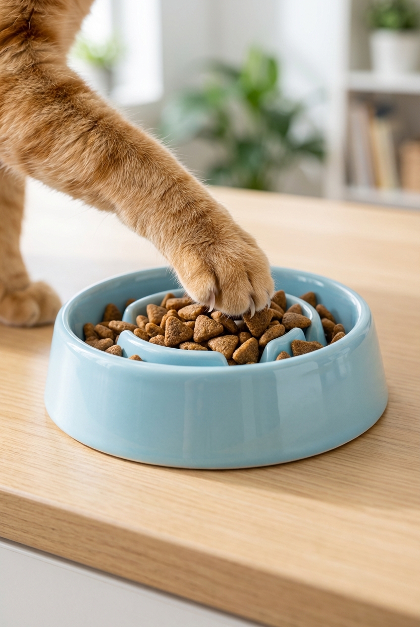 A close-up photo of a cat paw reaching into a ridged slow feeder bowl to pick up kibble