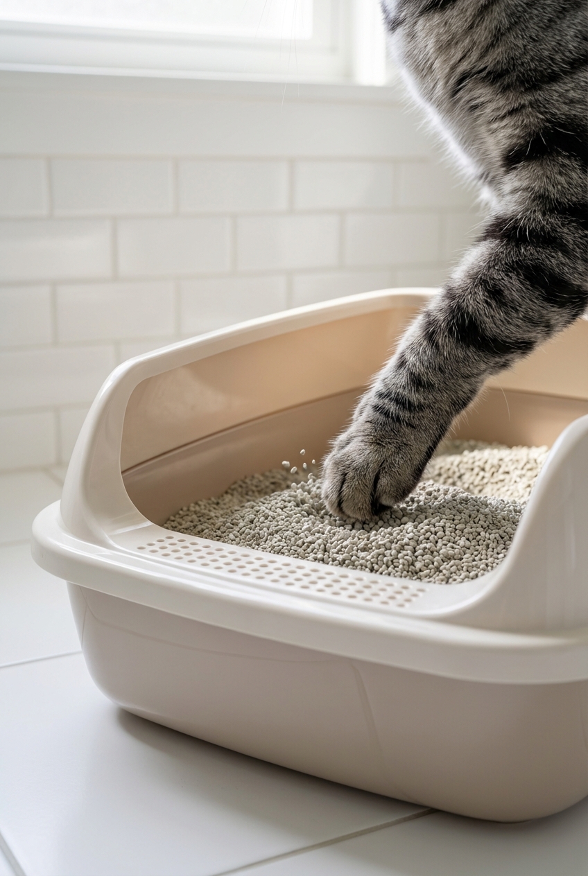 A close-up photo of a cat paw stepping into a litter box with fresh litter