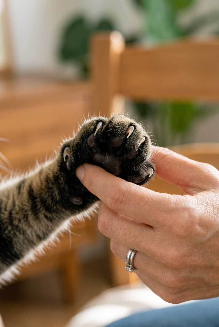A close-up photo of a cat paw with claws gently extended by a hand