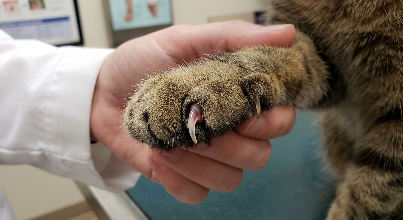 A close-up photo of a cat paw with one extended claw showing the translucent nail and the pink quick inside